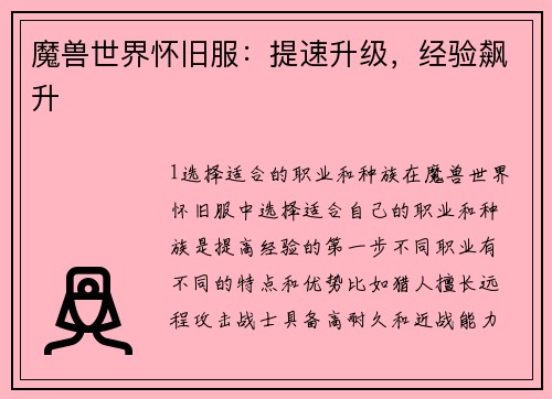 魔兽世界怀旧服：提速升级，经验飙升